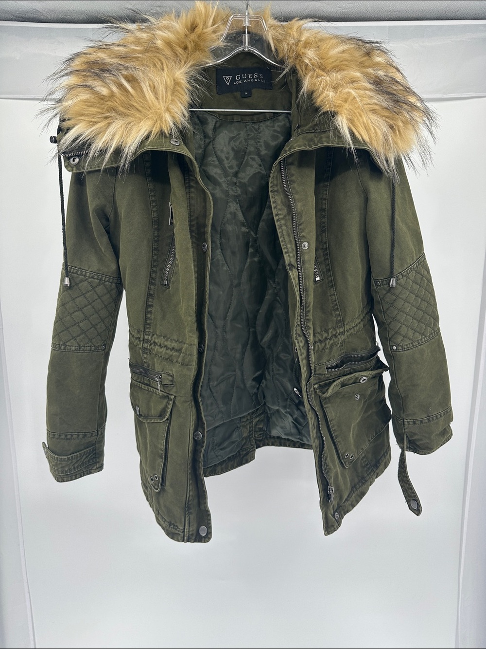 GUESS Olive Green Faux Fur Trim Hooded Puffer Coat